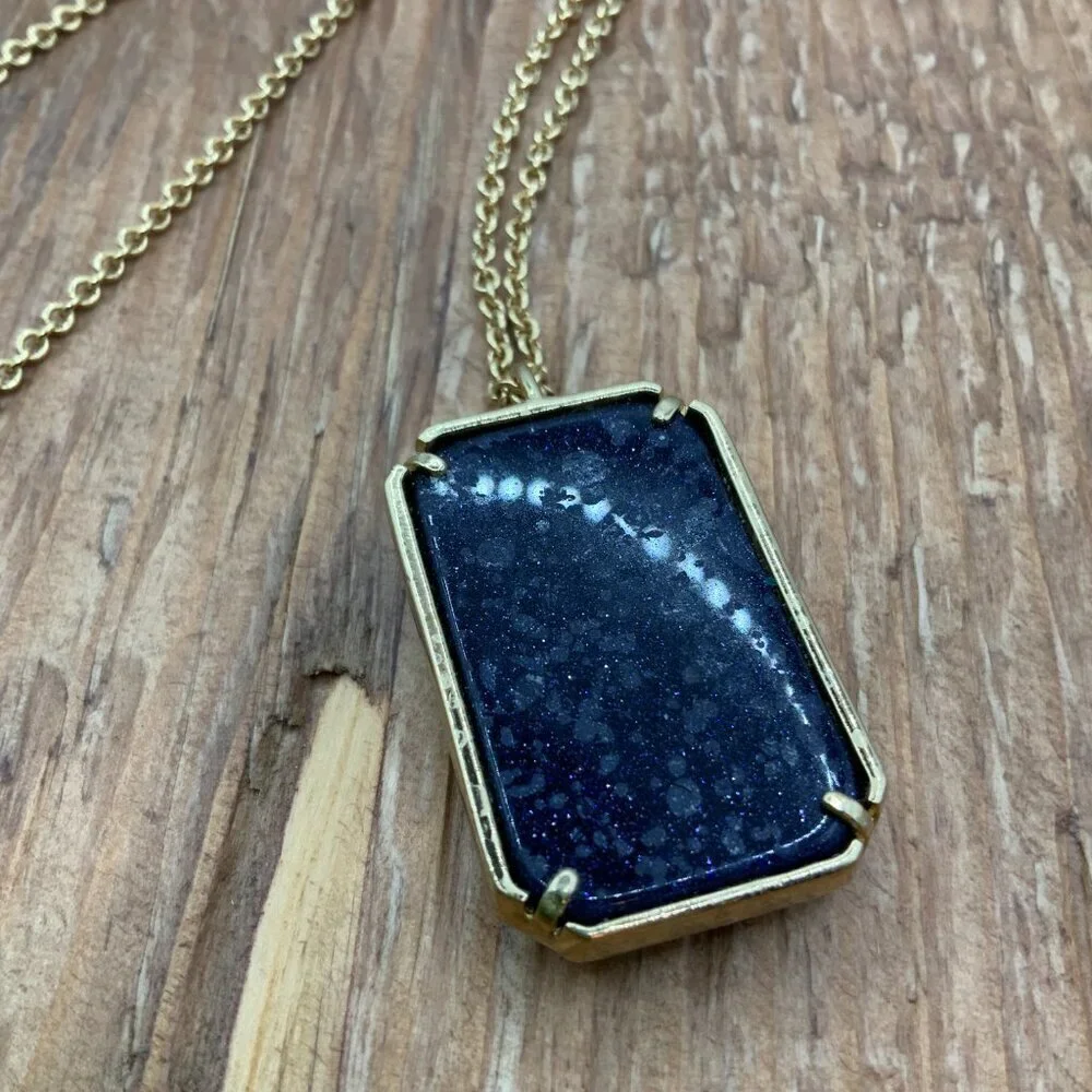 Kate Spade Night Sky Blue Emerald Cut Rectangle Pendant Gold Tone Chain Necklace